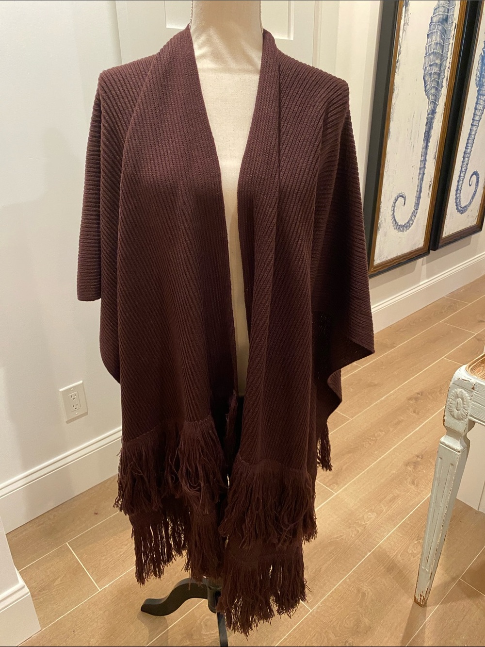 Free People Burgundy Fringed Knit Wrap